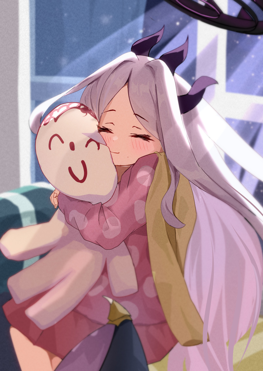 1girl absurdres black_halo blue_archive blush character_doll closed_eyes commentary demon_girl demon_horns demon_wings doll doodle_sensei_(blue_archive) halo highres hina_(blue_archive) hina_(pajamas)_(blue_archive) horns hug indoors jacket long_hair night pajamas pink_pajamas polka_dot polka_dot_pajamas purple_eyes sensei_(blue_archive) sitting solo star_(sky) stuffed_toy teritama_(teritama_house) white_hair window wings yellow_jacket