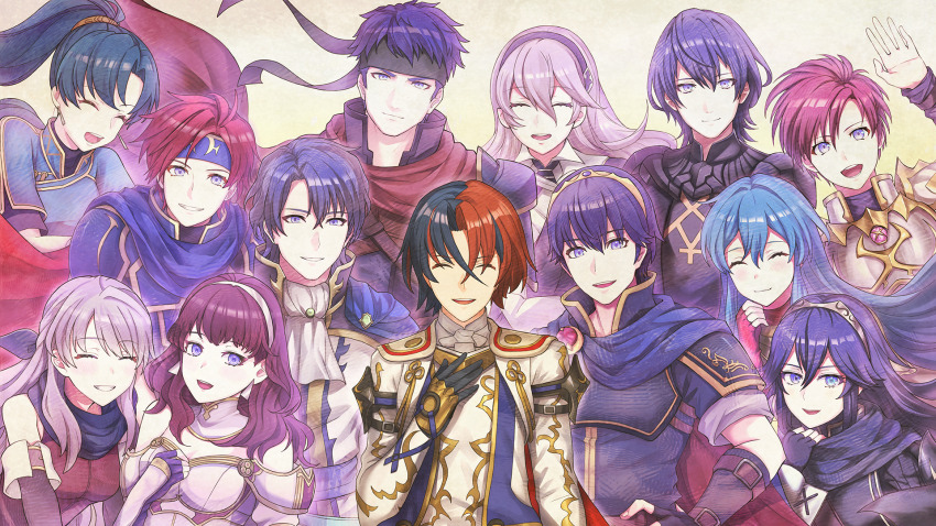 6+boys 6+girls :d black_gloves black_hairband black_headband blue_cape blue_eyes blue_hair blue_headband cape celica_(emblem)_(fire_emblem) celica_(fire_emblem) closed_mouth crossed_bangs eirika_(emblem)_(fire_emblem) eirika_(fire_emblem) elbow_gloves facing_viewer female_corrin_(emblem)_(fire_emblem) female_corrin_(fire_emblem) fire_emblem fire_emblem:_genealogy_of_the_holy_war fire_emblem:_mystery_of_the_emblem fire_emblem:_path_of_radiance fire_emblem:_radiant_dawn fire_emblem:_the_blazing_blade fire_emblem:_the_sacred_stones fire_emblem:_thracia_776 fire_emblem:_three_houses fire_emblem_awakening fire_emblem_echoes:_shadows_of_valentia fire_emblem_engage fire_emblem_fates game_cg gloves green_hair hair_between_eyes hairband hand_on_own_chest happy hausen_(fire_emblem) headband highres ike_(emblem)_(fire_emblem) ike_(fire_emblem) leif_(emblem)_(fire_emblem) leif_(fire_emblem) long_hair looking_at_viewer lucina_(emblem)_(fire_emblem) lucina_(fire_emblem) lyn_(emblem)_(fire_emblem) lyn_(fire_emblem) male_alear_(fire_emblem) male_byleth_(emblem)_(fire_emblem) male_byleth_(fire_emblem) marth_(emblem)_(fire_emblem) marth_(fire_emblem) micaiah_(emblem)_(fire_emblem) micaiah_(fire_emblem) mika_pikazo multicolored_hair multiple_boys multiple_girls nintendo official_art open_mouth ponytail red_hair roy_(emblem)_(fire_emblem) roy_(fire_emblem) short_hair sigurd_(emblem)_(fire_emblem) sigurd_(fire_emblem) smile split-color_hair teeth tiara tongue two-tone_hair upper_teeth_only variant_set waving white_hairband white_wrist_cuffs wrist_cuffs