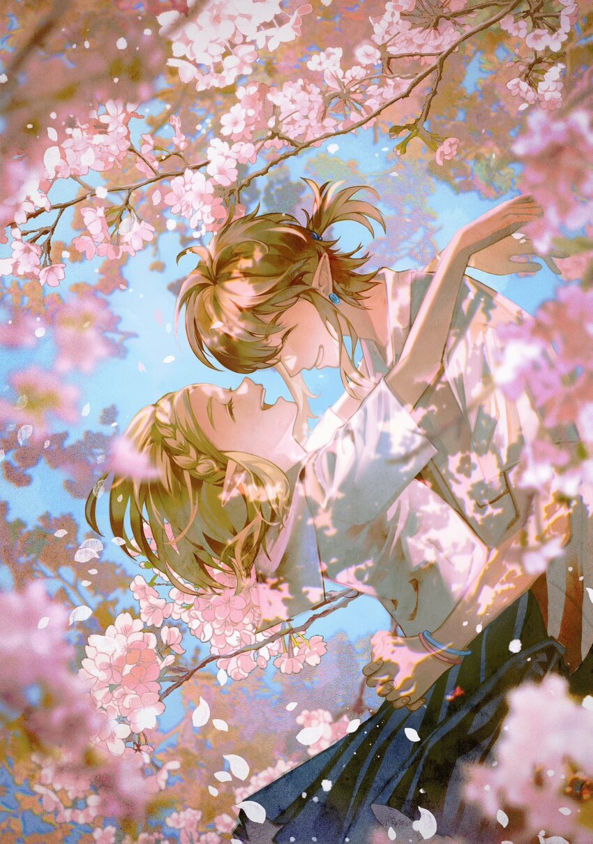1boy 1girl alternate_costume blonde_hair braid closed_eyes commentary contemporary couple crown_braid earrings flower from_side grin hair_tie hetero highres jewelry jiuminene link nintendo open_mouth pink_flower pink_petals ponytail princess_zelda school_uniform shirt short_hair short_ponytail smile symbol-only_commentary the_legend_of_zelda the_legend_of_zelda:_tears_of_the_kingdom watermark white_shirt