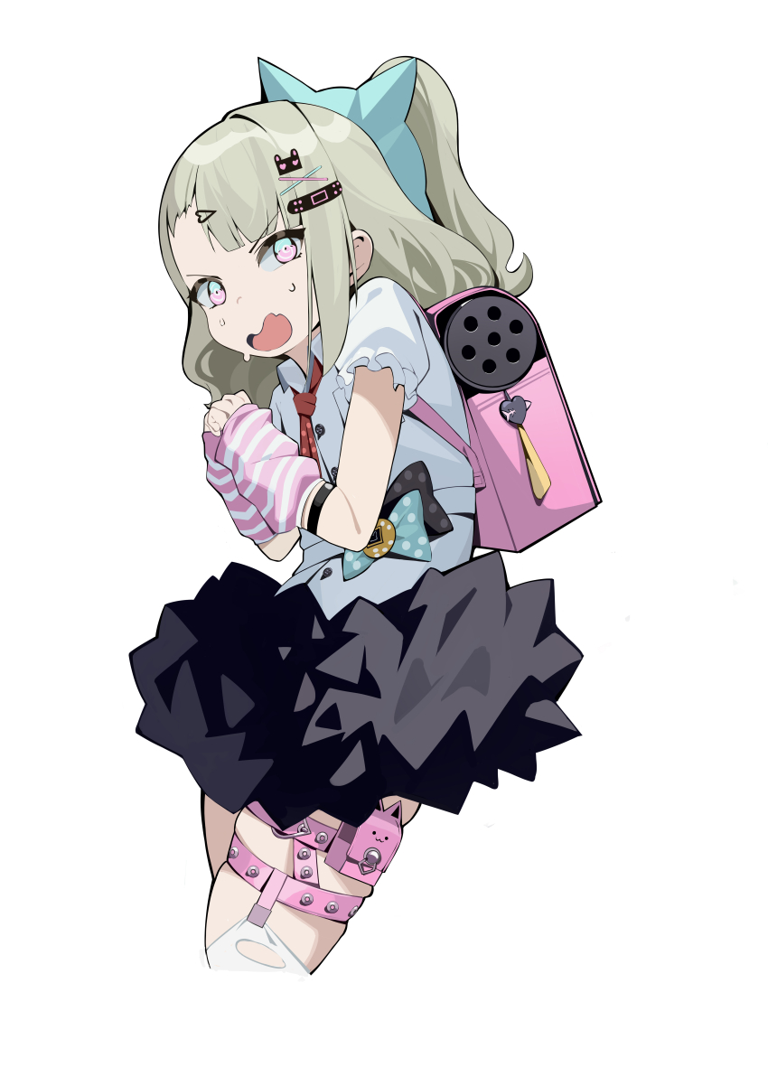 1girl @_@ absurdres backpack bag bag_charm bandaid bandaid_hair_ornament black_skirt blue_eyes character_request charm_(object) chinatsu_remiel cropped_legs frilled_thigh_strap green_hair hair_ornament hairclip hands_up heart heart_hair_ornament highres looking_at_viewer necktie open_mouth pink_arm_warmers pink_bag pink_eyes ponytail pouch red_necktie shirt short_sleeves sidelocks simple_background skirt solo spspspsp striped_arm_warmers sweat thigh_pouch thigh_strap thighhighs torn_clothes torn_thighhighs white_background white_shirt white_thighhighs zenless_zone_zero
