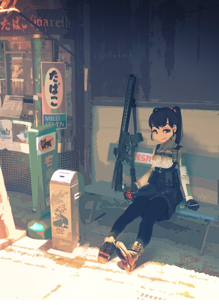 1girl assault_rifle bench black_eyes black_hair black_skirt boots bottle breasts day english_text explosive female_focus gloves grenade gun hair_ribbon highres holding holding_bottle kiosk looking_at_viewer medium_breasts pantyhose rias-coast ribbon rifle shadow shirt sitting skirt smile smoke_grenade solo sunlight trash_can twintails weapon