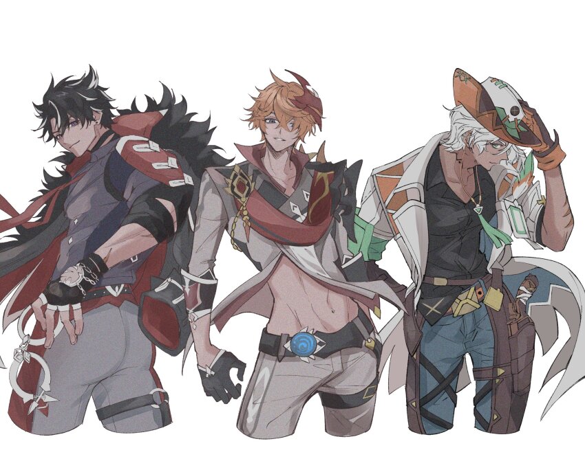 1_sik_i 3boys ahoge bandaged_arm bandaged_neck bandages belt black_belt black_coat black_gloves black_hair black_shirt blue_eyes blue_pants brown_belt brown_gloves chaps closed_mouth coat coat_on_shoulders collarbone collared_coat collared_shirt cowboy_hat cowboy_shot cropped_legs crossed_bangs cuffs dark-skinned_male dark_skin earrings feathers fingerless_gloves fur-trimmed_coat fur_trim genshin_impact gloves green_eyes grey_hair grey_jacket grey_pants grey_vest gun hair_between_eyes half_gloves hand_on_headwear hand_up handcuffs handgun hat highres holster id_card ifa_(genshin_impact) jacket jewelry lapels looking_at_viewer looking_back male_focus mask mask_on_head multicolored_hair multiple_boys navel necktie open_clothes open_coat orange_hair pants parted_bangs parted_lips popped_collar red_mask red_necktie red_shirt scar scar_on_arm shirt short_hair short_sleeves sideways_glance simple_background smile stomach streaked_hair stud_earrings tartaglia_(genshin_impact) tassel thigh_holster thigh_strap three-quarter_sleeves two-sided_coat two-sided_fabric two-tone_gloves v-shaped_eyebrows vest vision_(genshin_impact) weapon white_background white_coat white_hair white_hat wriothesley_(genshin_impact)