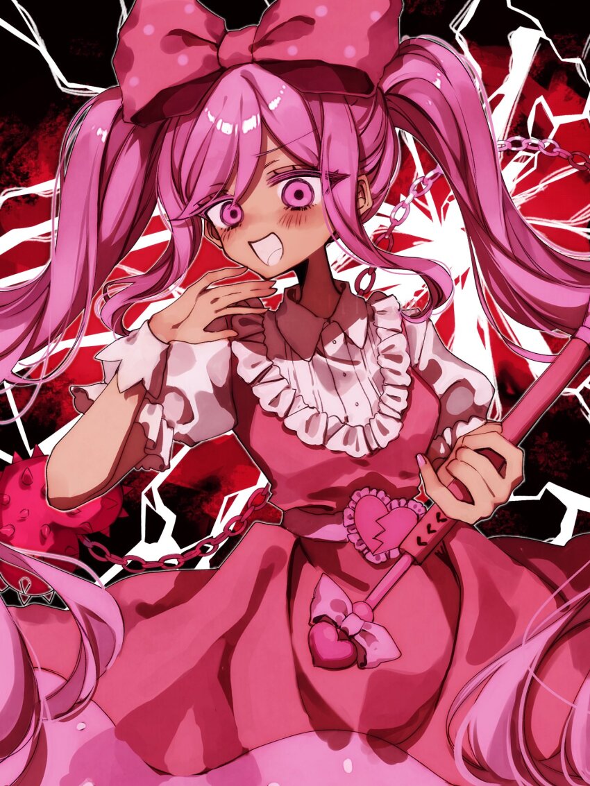 1boy blush bow dark-skinned_female dark_skin hair_bow hanabata0320 highres long_hair looking_at_viewer ojou-sama_pose omori open_mouth pink_bow pink_eyes pink_hair polka_dot polka_dot_bow puffy_short_sleeves puffy_sleeves short_sleeves smile smug solo sweetheart_(omori) twintails