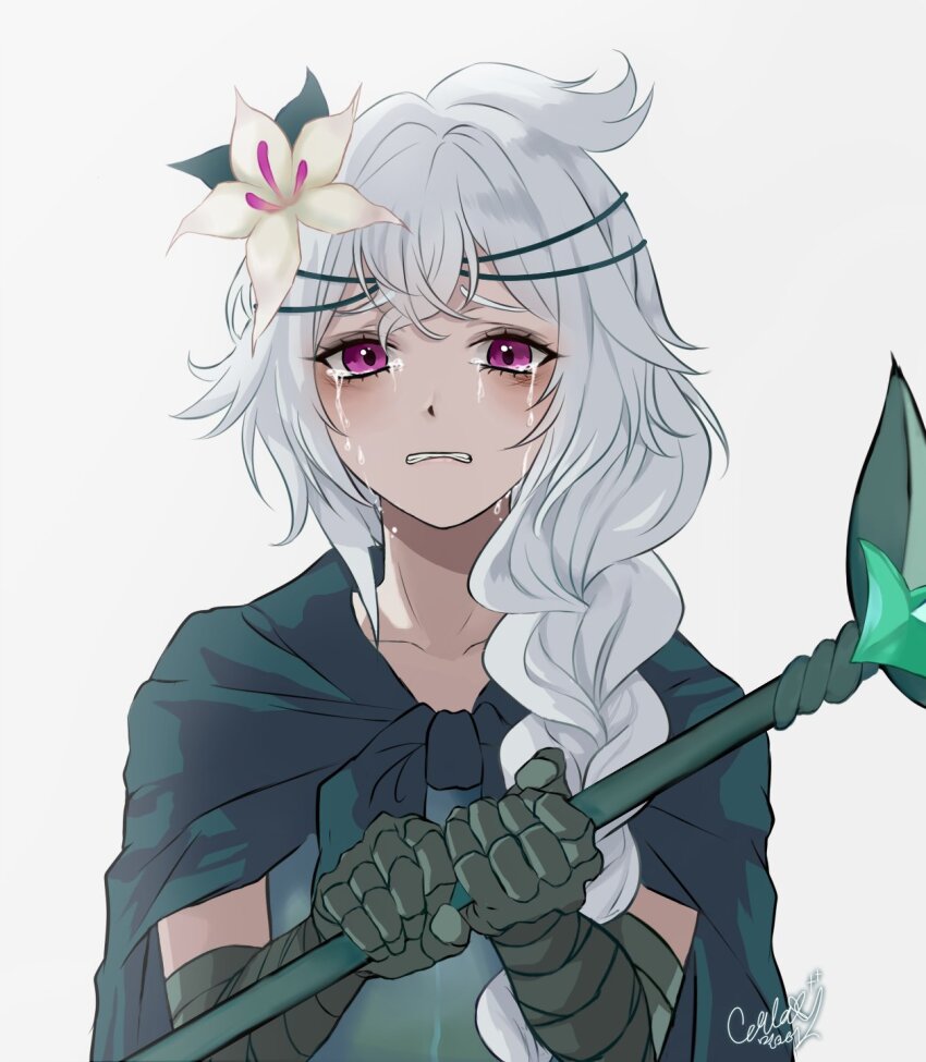 1girl braid cape commentary_request cookie_run cookie_run:_kingdom crying crying_with_eyes_open dress eunha_milktea flower gloves green_cape green_dress green_gloves grey_background hair_flower hair_ornament highres holding holding_staff humanization korean_commentary long_hair looking_at_viewer purple_eyes signature simple_background solo staff tears teeth very_long_hair white_background white_flower white_hair white_lily white_lily_cookie