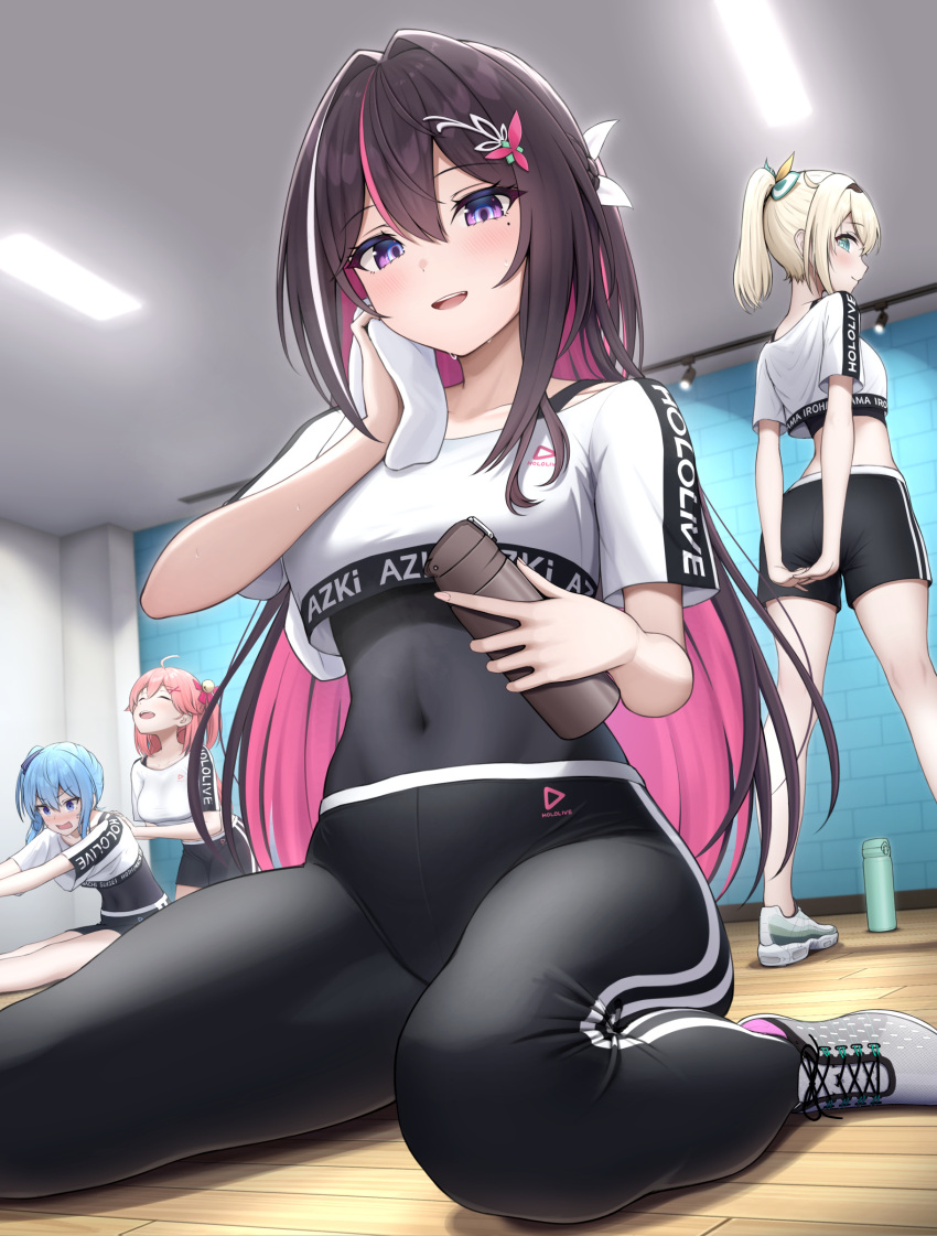 4girls absurdres ahoge arms_behind_back azki_(hololive) black_pants black_shorts blonde_hair blue_eyes blue_hair blush breasts collarbone colored_inner_hair commentary_request covered_navel green_eyes grey_shoes hair_ornament hands_on_another&#039;s_back highres holding holding_thermos hololive hololive_dance_practice_uniform hoshimachi_suisei indoors kazama_iroha long_hair looking_at_another looking_at_viewer medium_breasts mole mole_under_eye multicolored_hair multiple_girls official_alternate_costume open_mouth pants pink_hair purple_eyes sakura_miko shirt shoes shorts sitting skin_tight smile sportswear sweat thermos topgear very_long_hair virtual_youtuber wariza white_shirt