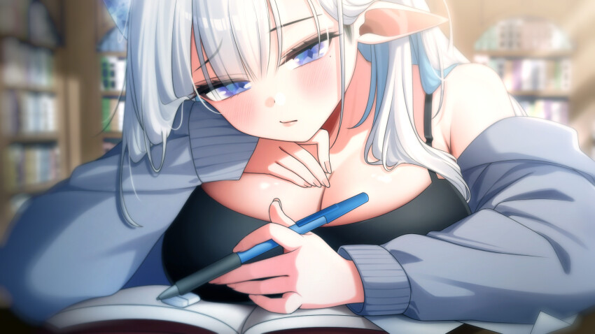 1girl black_camisole blue_hair blush book bookshelf breasts camisole cleavage closed_mouth colored_inner_hair diamond-shaped_pupils diamond_(shape) grey_hair halo_sweety halo_sweety_(artist) hand_on_own_chest highres holding holding_pen horns indie_virtual_youtuber large_breasts lips long_sleeves mole mole_under_eye multicolored_hair open_book pen pointy_ears purple_eyes single_horn solo symbol-shaped_pupils virtual_youtuber
