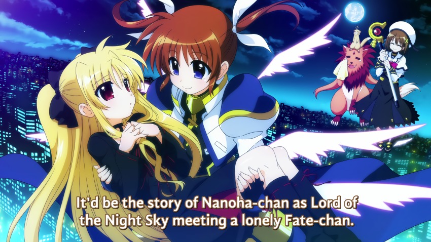 3girls alternate_costume animal arf aruf blonde_hair blue_eyes brown_hair building carrying couple crying dog fate_testarossa ferret floating flying fur hair_ornament handkerchief happy highres kawakami_shuuichi lights long_hair lyrical_nanoha magical_girl mahou_shoujo_lyrical_nanoha mahou_shoujo_lyrical_nanoha_a&#039;s mahou_shoujo_lyrical_nanoha_vivid moon multiple_girls official_art open_mouth princess_carry raising_heart red_eyes ribbon screencap short_hair short_twintails sky smile staff star_(symbol) subtitled surprised takamachi_nanoha twintails very_long_hair vivid_strike! wings yagami_hayate yuri yuuno_scrya