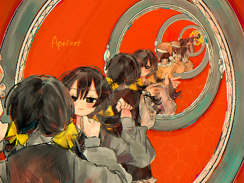 1girl apricot_(vocaloid) bi_(nekoinuhotdog) black_dress black_eyes black_hair blush bow broken_mirror closed_mouth dress grey_shirt hair_bow hand_up hat holding holding_own_hair iyowa_girls long_hair long_sleeves looking_at_mirror low_twintails mirror multiple_hair_bows multiple_views nightcap pajamy_(vocaloid) playing_with_own_hair recursion red_background reflection riko_(iyowa) shirt simple_background smile song_name twintails waving yellow_bow