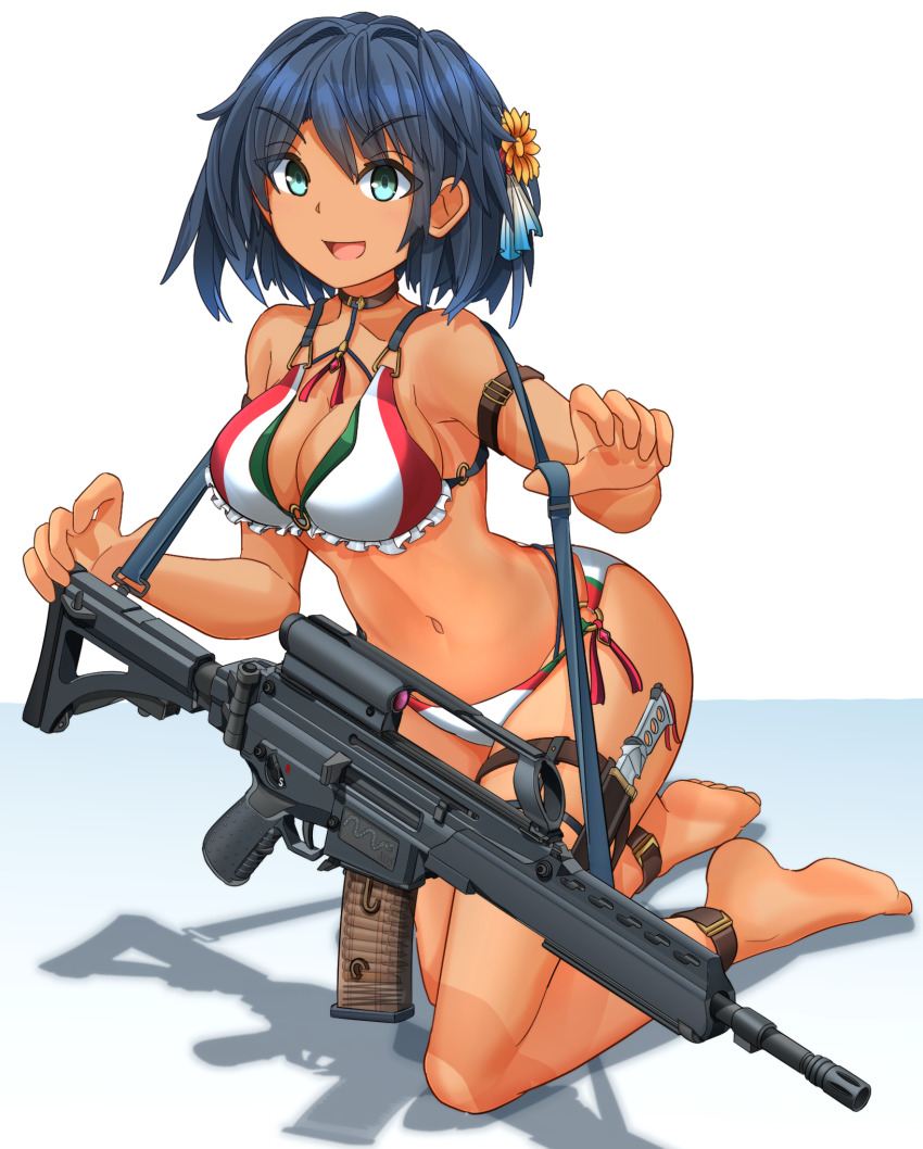 1girl ankle_strap arm_strap assault_rifle barefoot bikini black_choker blue_eyes blue_hakama bob_cut breasts carrying choker cleavage combat_knife commentary_request flower fx-05_xiuhcoatl gun hair_flower hair_ornament hakama highres japanese_clothes kneeling knife looking_at_viewer medium_breasts mikeran_(mikelan) navel o-ring o-ring_bikini open_mouth original rifle scope shadow short_hair smile solo swimsuit tan thigh_strap weapon white_background white_bikini