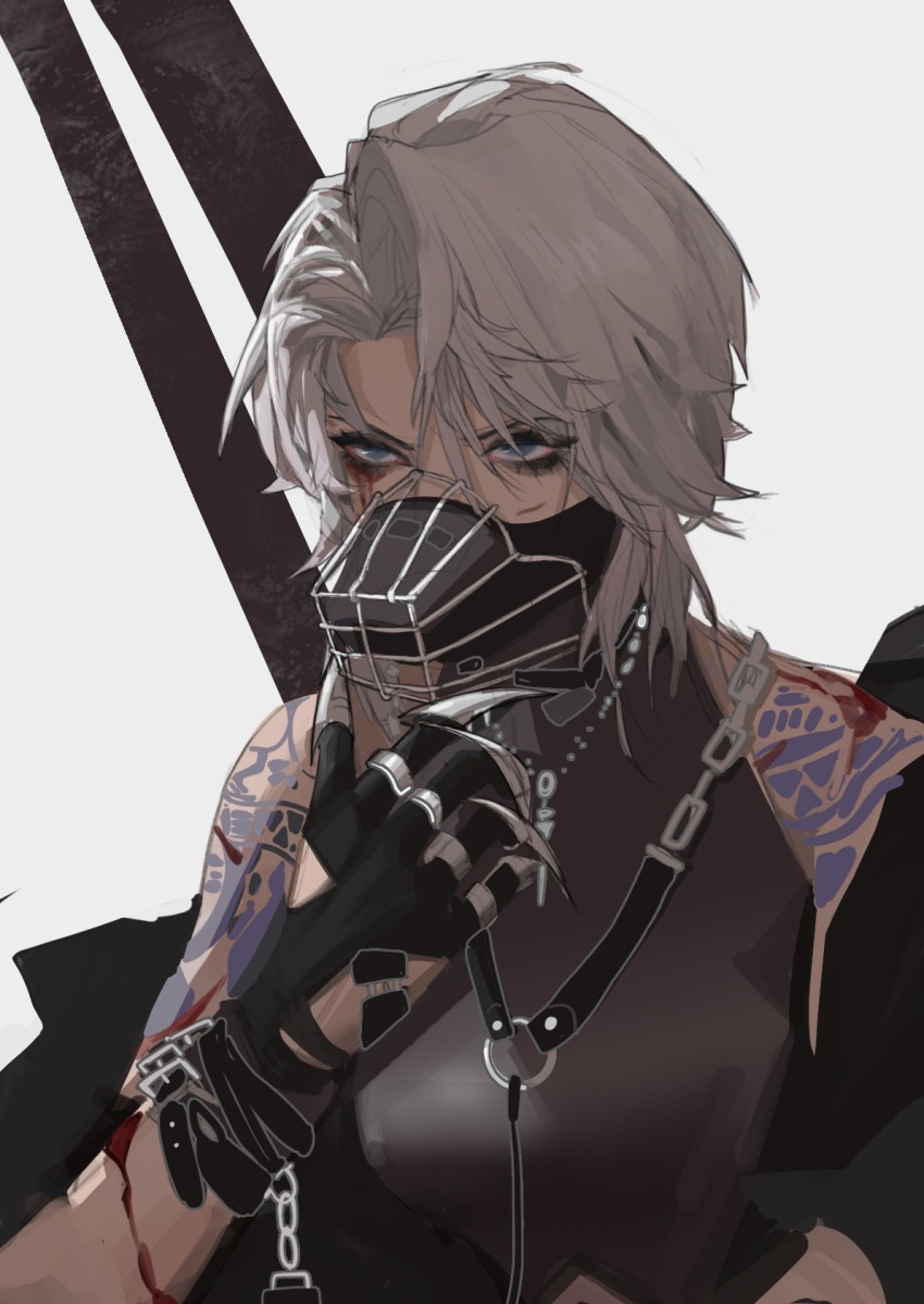 1girl adjusting_mask arm_tattoo black_gloves black_shirt blood_from_ears blue_eyes claws cuts forehead glove_cutout gloves harness highres injury looking_ahead muzzle_(mask) path_to_nowhere qyroxie shirt short_hair silver_necklace sleeveless sleeveless_shirt solo tattoo tribal_tattoo upper_body white_background white_hair zoya_(path_to_nowhere)