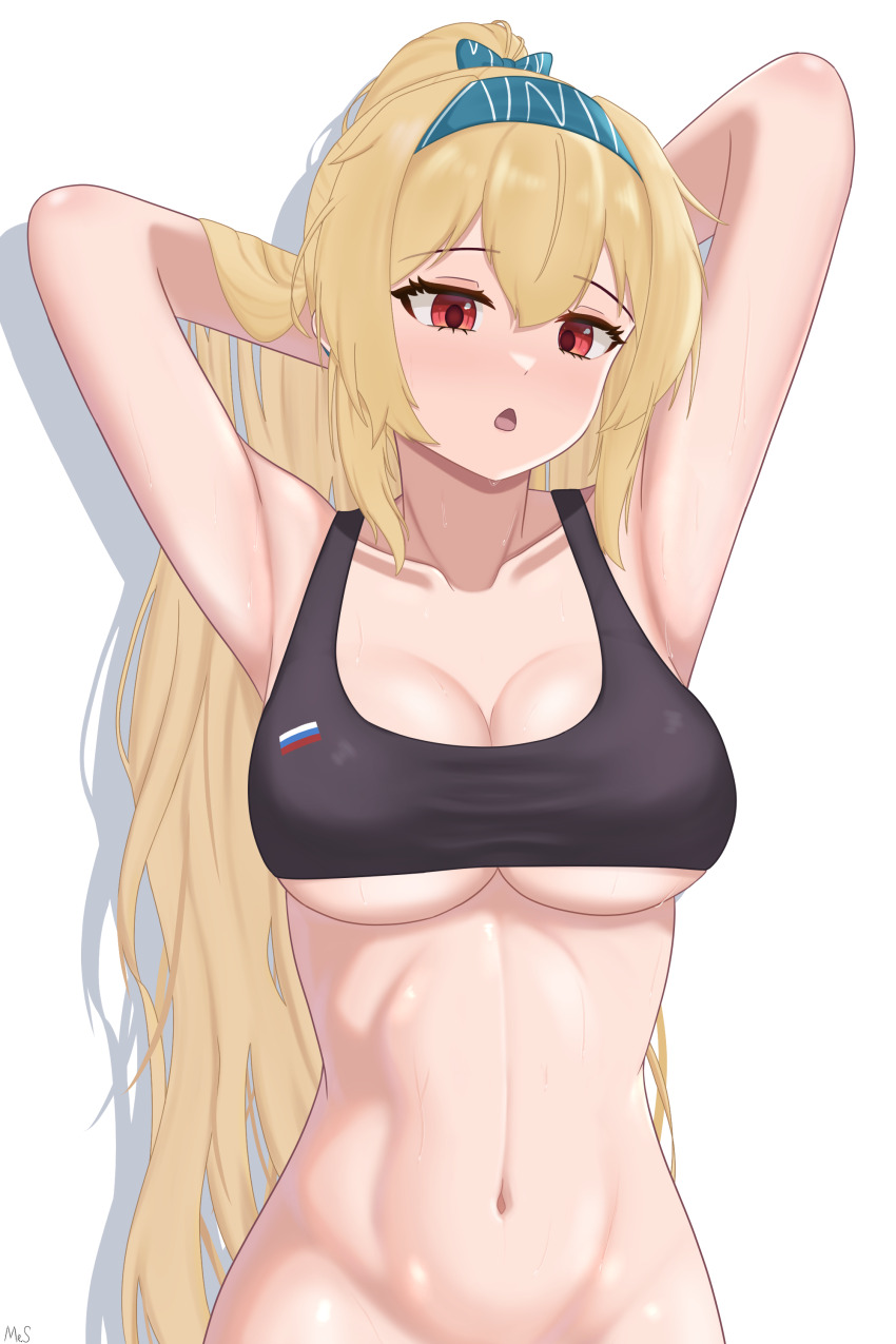 1girl absurdres armpits arms_behind_head arms_up blonde_hair bottomless breasts chestnut_mouth girls&#039;_frontline hairband highres long_hair mr.something navel open_mouth presenting_armpit red_eyes solo sv-98_(girls&#039;_frontline) tank_top