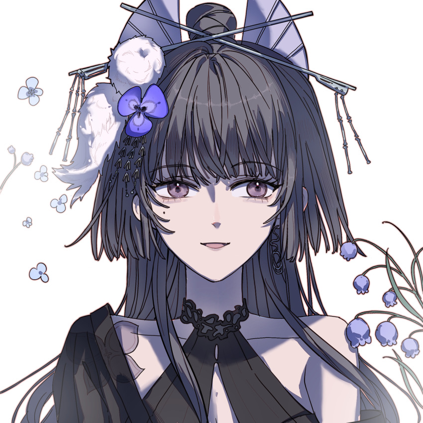 1girl black_hair blue_flower bluebell_(flower) collarbone earrings flower hair_flower hair_ornament hairpin highres jewelry looking_to_the_side luzeqi13483 mole mole_under_eye official_alternate_costume pansy path_to_nowhere purple_eyes simple_background single_bare_shoulder single_earring solo straight-on sumire_(moonrise_fondness)_(path_to_nowhere) sumire_(path_to_nowhere) upper_body white_background