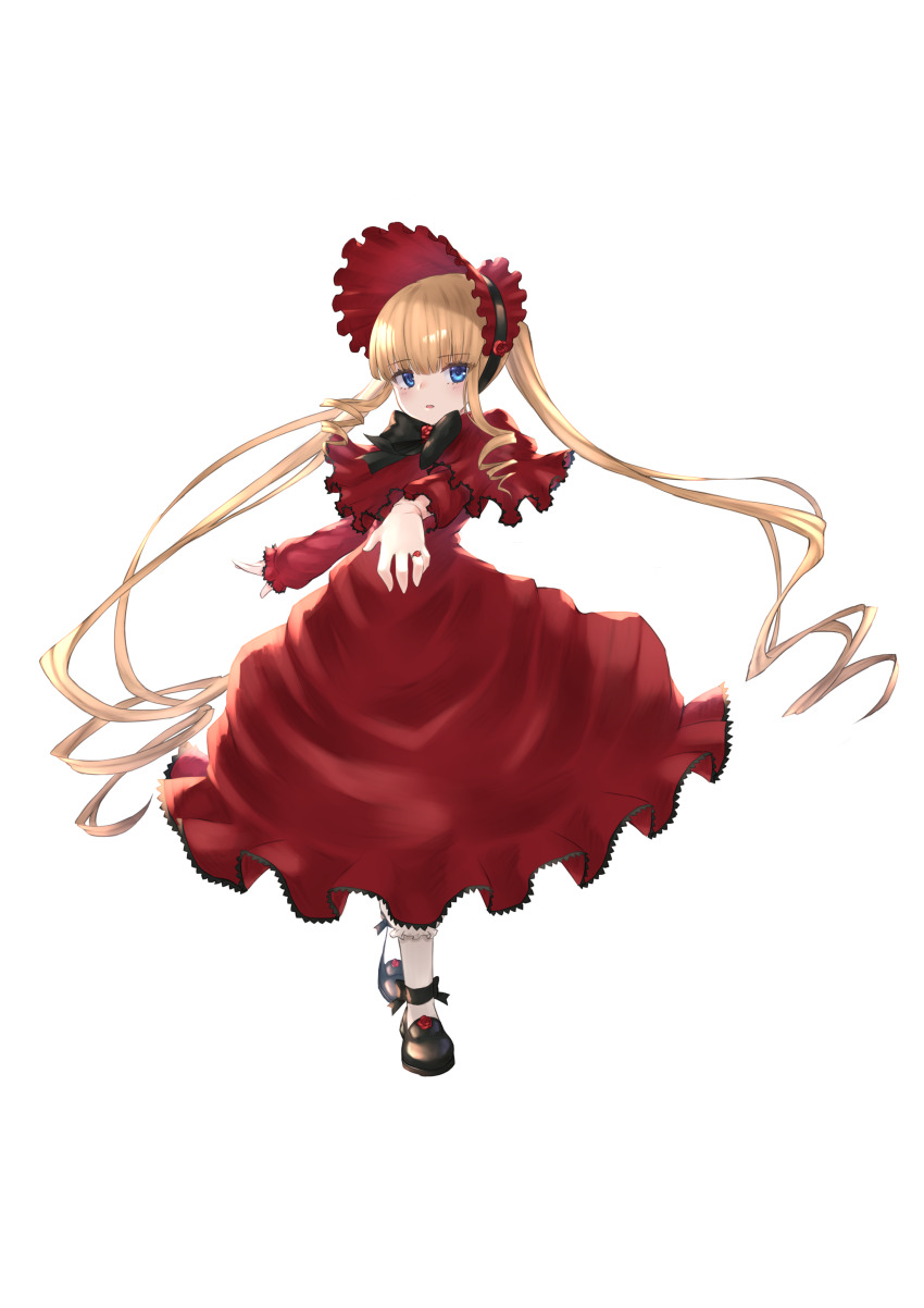 1girl absurdres blonde_hair bonnet dress frilled_bonnet frills full_body highres long_hair looking_at_viewer majinno mary_janes red_bonnet red_dress rozen_maiden shinku shoes twintails very_long_hair