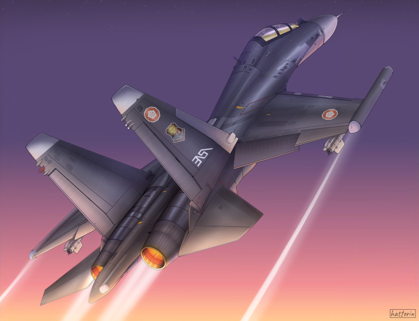 absurdres ace_combat ace_combat_7:_skies_unknown aircraft airplane artist_name emblem fighter_jet hattorin highres military military_vehicle missile purple_sky sky su-30