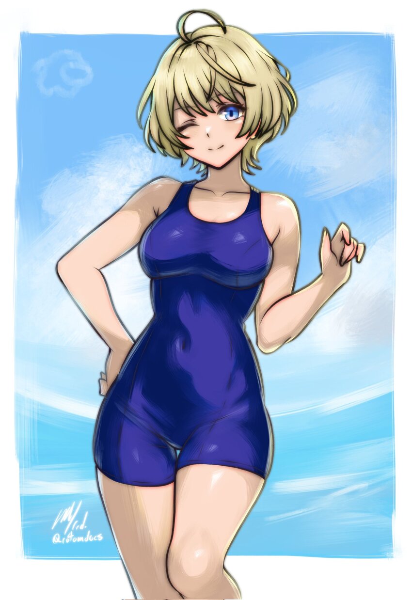 1girl ;) bare_shoulders breasts closed_mouth collarbone commentary covered_navel cowboy_shot english_commentary fire_emblem fire_emblem_engage hand_on_own_hip highres looking_at_viewer merrin_(fire_emblem) nintendo one-piece_swimsuit one_eye_closed rotomdocs short_hair smile solo swimsuit