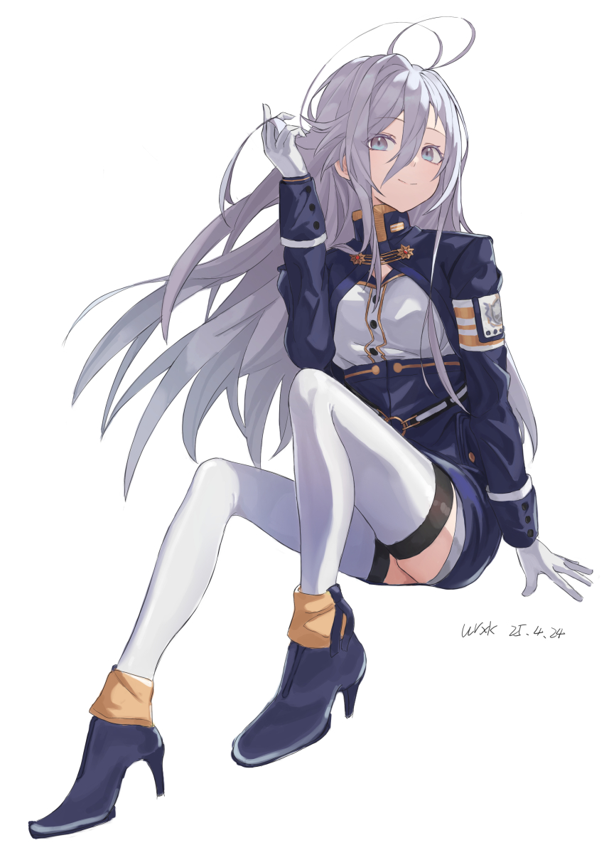 1girl 86_-eightysix- absurdres ankle_boots antenna_hair belt blue_boots blue_jacket boots closed_mouth cropped_jacket gloves hair_between_eyes high-waist_skirt high_heel_boots high_heels highres jacket long_hair long_hair_between_eyes long_sleeves looking_at_viewer military_jacket military_uniform simple_background skirt solo thighhighs urhika vladilena_millize white_background white_belt white_eyes white_gloves white_hair white_thighhighs