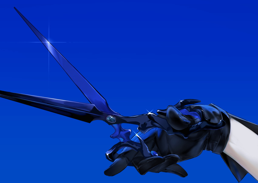 1girl absurdres adela_(path_to_nowhere) black_gloves blue_background commentary_request gleam gloves hand_focus highres holding holding_scissors pale_skin path_to_nowhere scissors simple_background solo toho10min