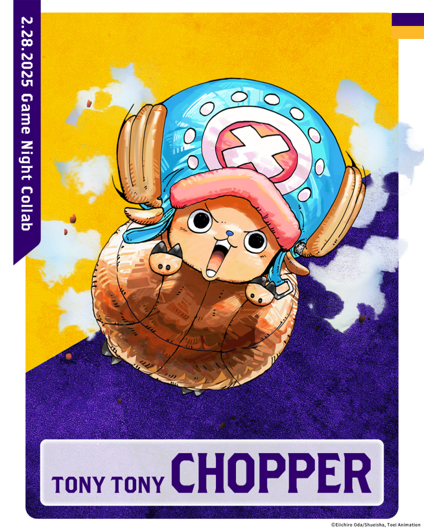1boy antlers artist_request ball basketball_(object) black_eyes blue_hat blue_nose border flying hat highres hooves horns los_angeles_lakers national_basketball_association no_humans objectification official_art one_piece open_mouth promotional_art reindeer_antlers smoke solo tony_tony_chopper v-shaped_eyebrows white_border