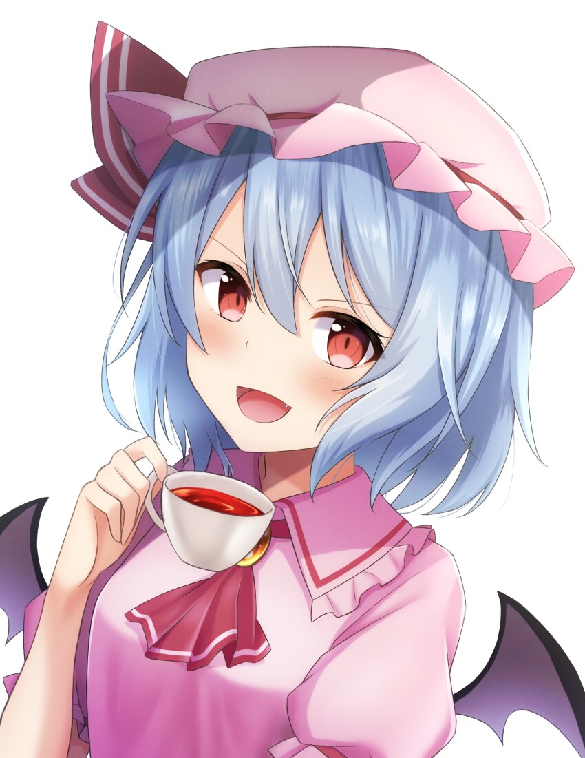 1girl :d absurdres ascot bat_wings blue_hair blush commentary cup fang frilled_shirt_collar frills gem hair_between_eyes hand_up hat hat_ribbon highres holding holding_cup looking_at_viewer medium_hair mob_cap open_mouth pink_hat pink_shirt puffy_short_sleeves puffy_sleeves red_ascot red_eyes red_ribbon remilia_scarlet ribbon shirt short_sleeves simple_background smile solo szl tea teacup touhou upper_body v-shaped_eyebrows white_background wings yellow_gemstone