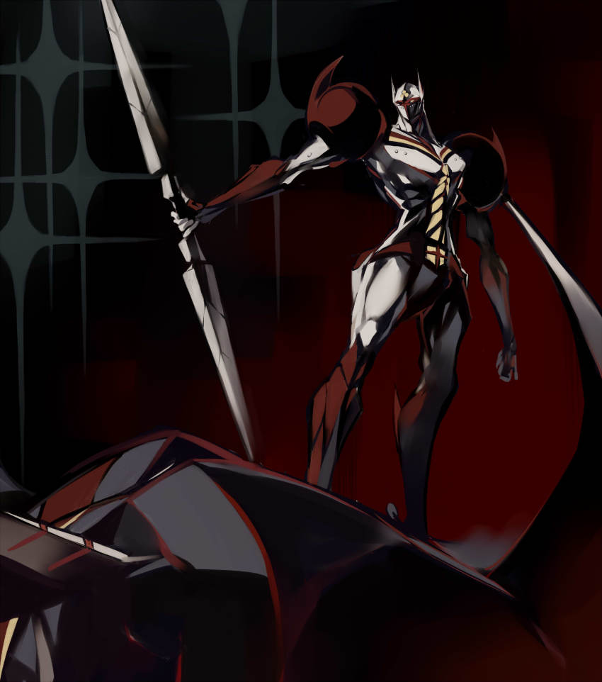 1boy absurdres bodysuit clenched_hand double_blade highres holding holding_polearm holding_weapon lance looking_to_the_side male_focus polearm shimizu_eiichi shimoguchi_tomohiro solo standing tekkaman_(character) uchuu_no_kishi_tekkaman weapon white_bodysuit yellow_eyes