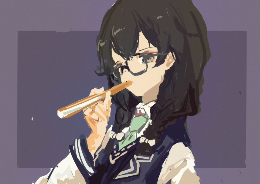1girl black_hair blazer blue_jacket border braid cevio commentary_request fan_to_mouth folded_fan folding_fan glasses green_eyes green_necktie hair_over_shoulder hanakuma_chifuyu hand_fan highres holding holding_fan jacket kabuyama_kaigi long_hair looking_at_viewer low_twin_braids multicolored_jacket necktie outside_border purple_background purple_border school_uniform shirt simple_background solo synthesizer_v twin_braids two-tone_jacket upper_body white_shirt white_sleeves