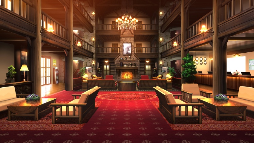 cabin carpet chandelier column couch desk_lamp door fire fireplace glowing hanging_light highres indoors lamp lodge menu non-web_source official_art orange_light our_life our_life:_beginnings_and_always photo_(object) pillar plant potted_plant railing rug stone_wall sunset table variant_set wall_lamp window wooden_railing wooden_table