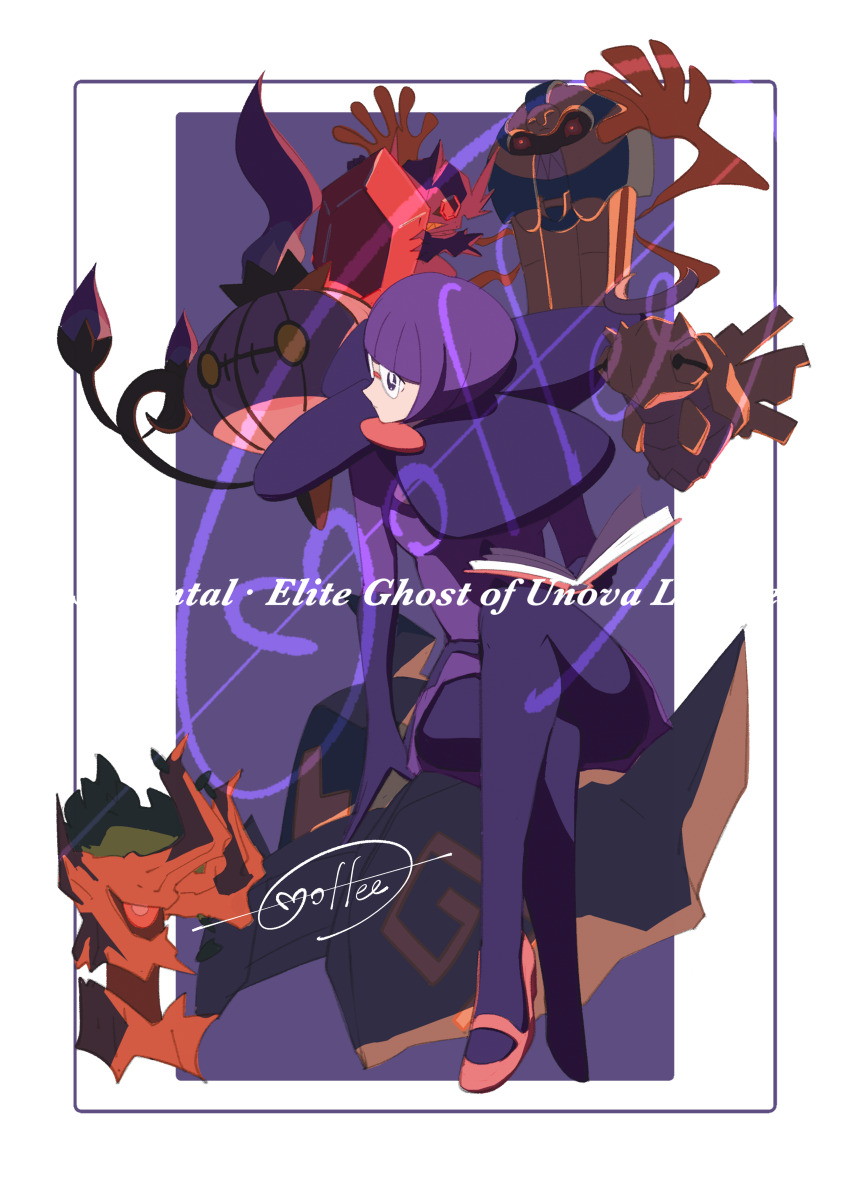 1girl absurdres blunt_bangs cccacademia chandelure character_name closed_mouth cofagrigus commentary_request crossed_legs dress gen_3_pokemon gen_5_pokemon gen_6_pokemon glasses gloves golurk highres mega_pokemon mega_sableye nintendo orange_shoes pantyhose pokemon pokemon_(creature) pokemon_bw purple_background purple_dress purple_hair riding riding_pokemon sableye shauntal_(pokemon) shedinja shoes short_hair signature sitting trevenant