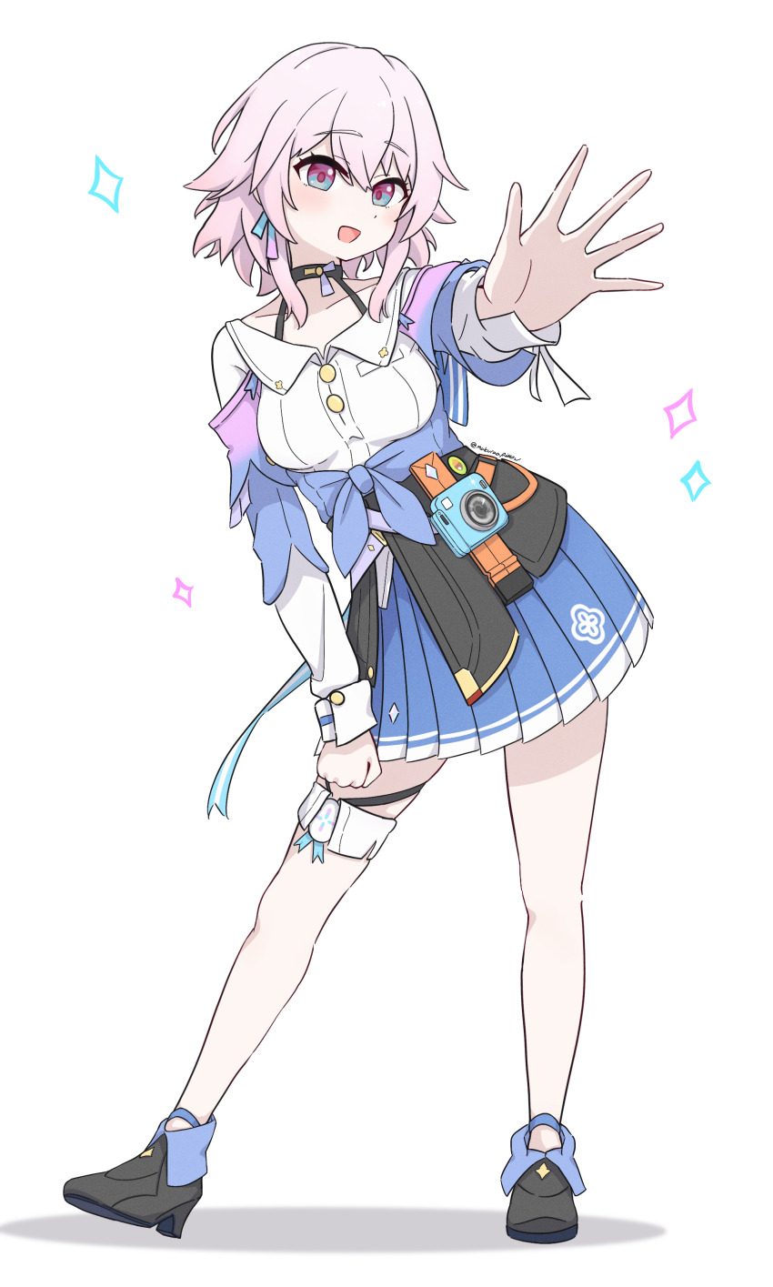 1girl absurdres ankle_boots badge black_boots black_choker black_overskirt blue_boots blue_eyes blue_jacket blue_skirt boots bra_strap breasts button_badge buttons camera choker collarbone earrings full_body high_heel_boots high_heels highres honkai:_star_rail honkai_(series) jacket jewelry long_sleeves looking_at_viewer makuraapillow march_7th_(honkai:_star_rail) march_7th_(preservation)_(honkai:_star_rail) medium_breasts medium_hair miniskirt multicolored_boots multicolored_eyes off-shoulder_jacket off_shoulder open_hand overskirt pink_eyes pink_hair pink_jacket pleated_skirt shirt single_earring skirt smile solo standing thigh_strap tied_jacket twitter_username two-tone_boots two-tone_eyes underbust white_shirt