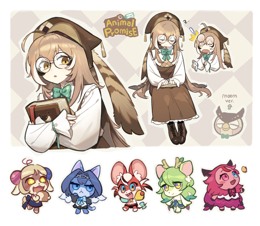 ! +_+ 1girl :&lt; :d :o ahoge alternate_costume animal_crossing animal_hat animalization bird blonde_hair blue_eyes blue_hair blue_ribbon book bookmark boots brown_dress brown_eyes brown_hair cat ceres_fauna ceres_fauna_(deer) chain chain_headband chibi deer dog dress frilled_sleeves frills green_hair green_ribbon guoo hair_intakes hair_ornament hakos_baelz hakos_baelz_(rat) hat heterochromia highres holding holding_book holocouncil hololive hololive_english irys_(hololive) logo long_dress long_hair long_sleeves mouse_(animal) multicolored_hair multiple_views nanashi_mumei nintendo nose_bubble notice_lines open_mouth ouro_kronii owl planet_hair_ornament purple_eyes purple_hair ribbon sharp_teeth sheep shirt simple_background sleeping smile streaked_hair teeth tree_horns tsukumo_sana very_long_hair virtual_youtuber white_shirt yellow_eyes