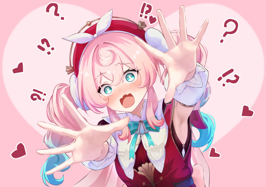 !? 1girl ? @_@ absurdres aqua_bow aqua_bowtie aqua_eyes armpits blue_hair blush bow bowtie commentary_request dress drill_hair gradient_hair hair_between_eyes hat heart highres honkai:_star_rail honkai_(series) hyacine_(honkai:_star_rail) long_hair looking_at_viewer memeiradesuyo multicolored_hair nose_blush open_mouth pink_background pink_hair reaching reaching_towards_viewer red_dress red_hat simple_background solo twin_drills twintails upper_body