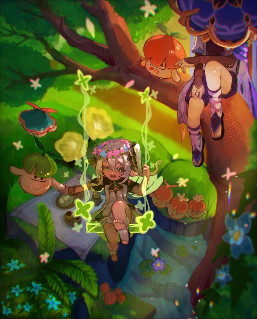 1boy 1girl aqua_kimono aqua_sleeves aranara_(genshin_impact) arm_on_thigh armlet armor black_footwear black_shorts black_socks blanket blue_hat bracelet bridal_gauntlets cape cross-shaped_pupils detached_sleeves dress flower_wreath foot_up forest fringe_trim furisode genshin_impact gold gold_ring gold_trim gradient_hair green_cape green_eyes green_hair green_pupils green_sleeves hair_ornament han&#039;eri hat hat_on_face highres holding_hands in_tree japanese_armor japanese_clothes jewelry jingasa kimono knees_up kote kurokote layered_clothes layered_kimono layered_sleeves leaf leaf_hair_ornament leg_warmers lily_pad long_hair multicolored_hair nahida_(genshin_impact) nature nekomonyaka open_clothes open_kimono open_mouth plant pointy_ears pond sandals scaramouche_(genshin_impact) short_sleeves shorts side_ponytail sidelocks sitting sitting_in_tree socks stirrup_footwear sumeru_rose_(genshin_impact) symbol-shaped_pupils teeth toeless_footwear toes tree wanderer_(genshin_impact) white_dress white_footwear white_hair white_kimono white_leg_warmers white_sleeves zouri