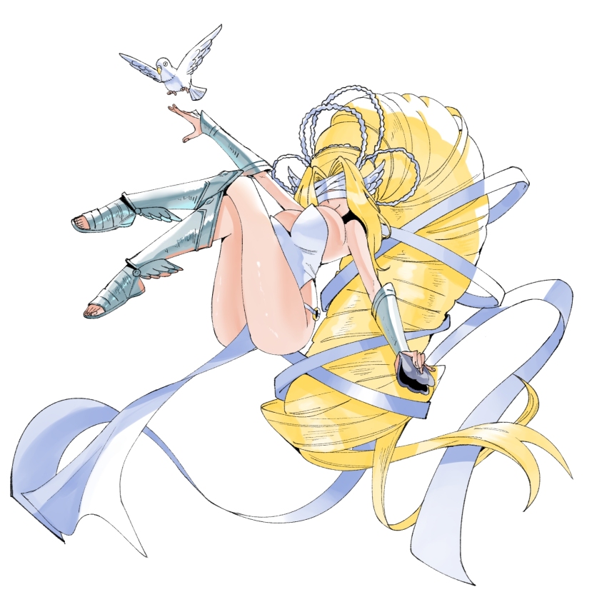 1girl arm_guards arm_up armored_boots bare_shoulders bird blindfold blonde_hair boots breasts clothes_between_thighs covered_eyes crossed_legs digimon digimon_(creature) digimon_focus dove dress facing_viewer full_body hair_ribbon highres holding holding_shell large_breasts long_dress long_hair o-ring o-ring_bottom o-ring_panties panties pelvic_curtain ribbon scallop seashell shell smile solo strapless strapless_dress thighs underwear venusmon very_long_hair wanderjegson white_dress white_panties white_ribbon wing_ears