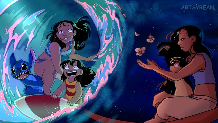 2girls absurdres artist_name artsyrean bare_arms bare_shoulders bikini black_hair blue_fur body_fur child disney highres lilo_&amp;_stitch lilo_pelekai long_hair multiple_girls nani_pelekai night open_mouth outdoors pants siblings sisters smile stitch_(lilo_&amp;_stitch) stomach surfing swimsuit teeth tongue water watermark