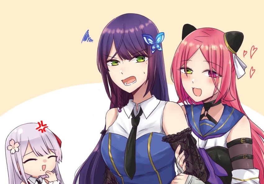 3girls :d ^_^ anger_vein annoyed arm_belt arm_hug arms_at_sides assault_lily bare_shoulders belt belt_buckle black_belt black_choker black_necktie black_ribbon black_shirt blue_sailor_collar blue_shirt blush braid breasts buckle bug butterfly chibi choker closed_eyes collared_shirt commentary cross-laced_clothes cross-laced_sleeves detached_sleeves false_smile flower frilled_sleeves frills funada_kiito funada_ui green_eyes grey_hair hair_flower hair_ornament hair_ribbon hairpods hand_to_own_mouth hand_up hands_up heart heterochromia insect large_breasts layered_sleeves long_hair long_sleeves looking_at_another looking_to_the_side lower_teeth_only mole mole_under_eye mole_under_mouth multiple_girls neckerchief necktie nigari_(ngari_0115) o-ring o-ring_choker odaiba_girls_high_school_uniform open_mouth parted_bangs pink_flower purple_hair purple_neckerchief raised_eyebrows red_eyes red_hair red_ribbon ribbon sailor_collar school_uniform see-through_clothes see-through_sleeves serafuku shiba_tomoshibi shirt siblings side-by-side side_braid sideways_glance single_braid sisters sleeve_ribbon sleeveless sleeveless_shirt sleeves_past_wrists smile squiggle teeth two-tone_background two-tone_shirt upper_body v-shaped_eyebrows white_background white_shirt yellow_background yuri