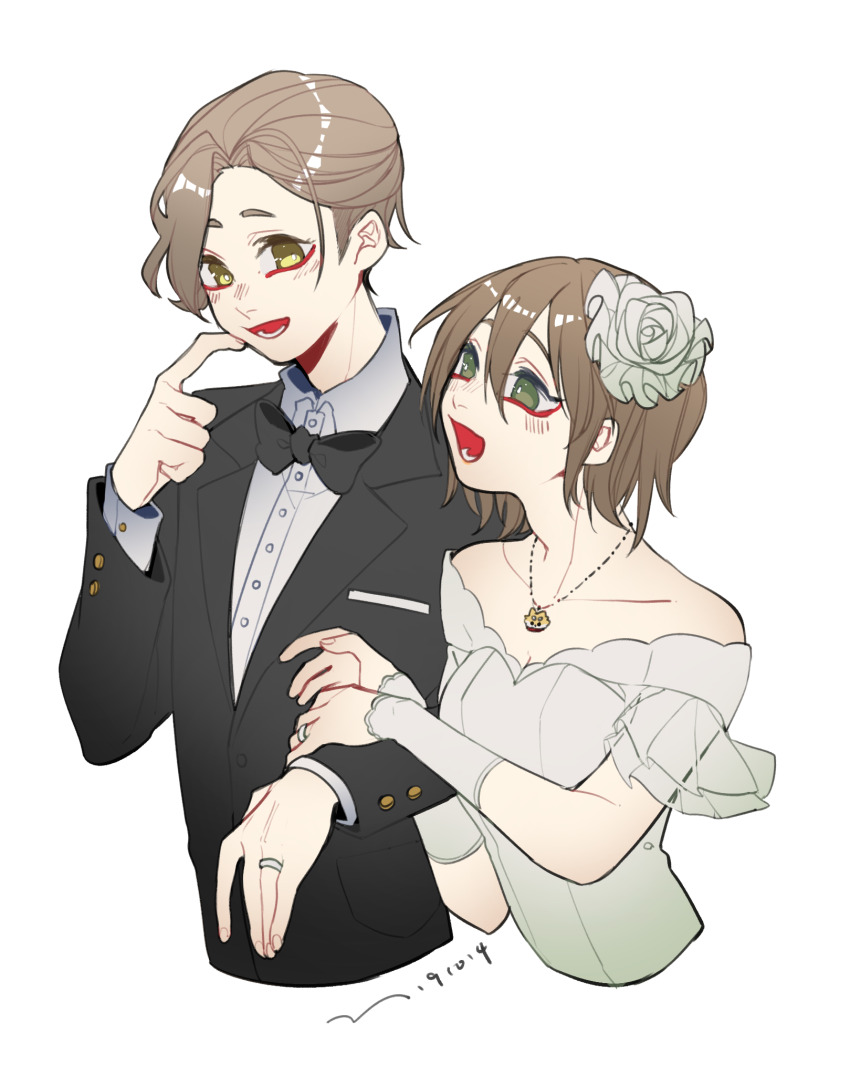 1boy 1girl alternate_hairstyle black_bow black_bowtie black_jacket bow bowtie bridal_veil bride brown_hair chinese_commentary collarbone collared_shirt commentary_request couple dated dress endou_akane finger_to_cheek green_dress green_eyes groom hand_on_another&#039;s_arm hetero highres husband_and_wife jacket jewelry long_sleeves lower_teeth_only necklace off-shoulder_dress off_shoulder open_mouth ring saibou_shinkyoku shinano_eiji shirt short_hair short_sleeves smile teeth upper_body veil wedding_dress wedding_ring white_shirt yellow_eyes yokuhaku