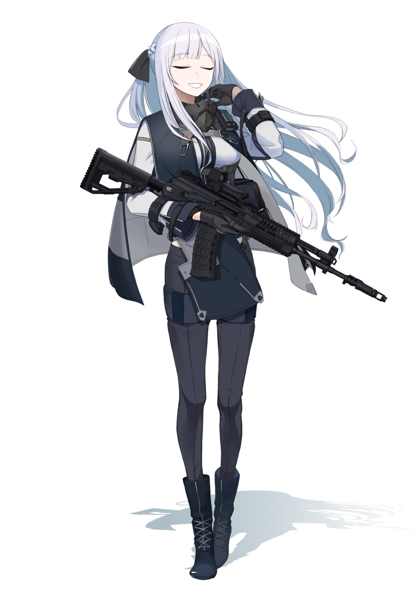 absurdres ak-12 ak-12_(girls&#039;_frontline) assault_rifle black_boots black_gloves black_pants boots braid breasts closed_eyes dlarudgml21 french_braid girls&#039;_frontline gloves gun highres holding holding_gun holding_weapon kalashnikov_rifle long_hair long_sleeves magazine_(weapon) mask mask_around_neck medium_breasts pants reflex_sight rifle sidelocks sight silver_hair solo tactical_clothes weapon