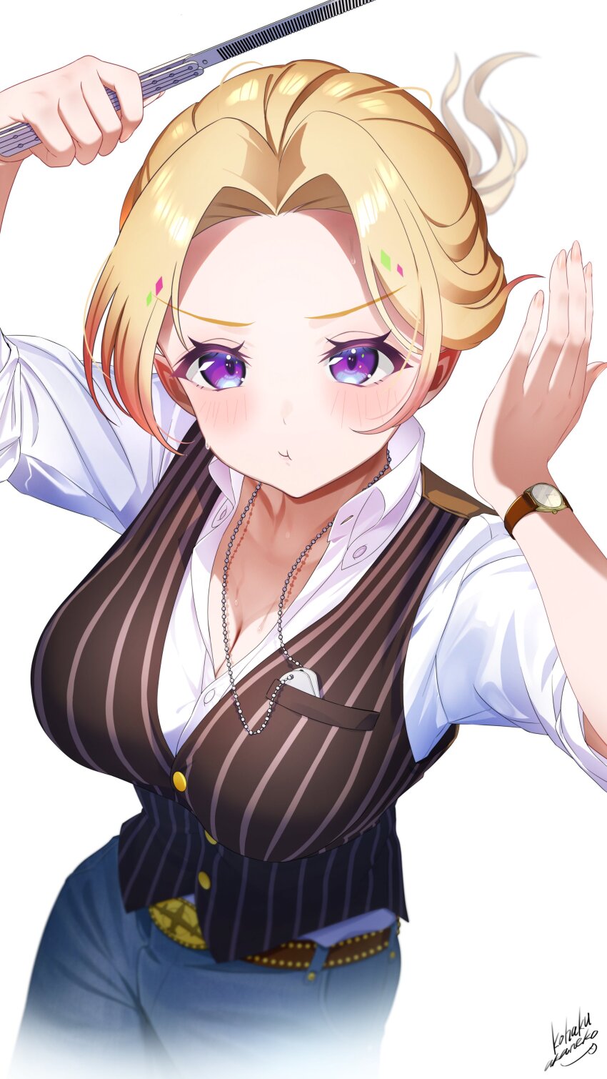 1girl :t absurdres aki_rosenthal artist_name blonde_hair blue_pants blush breasts brown_vest cleavage collared_shirt commentary_request cosplay denim dress_shirt floating_hair forehead guile guile_(cosplay) hair_intakes hands_up highres holding hololive jeans jewelry looking_at_viewer necklace nemu_iine pants pout purple_eyes shirt simple_background solo street_fighter street_fighter_6 v-shaped_eyebrows vest virtual_youtuber watch white_background white_shirt wristwatch