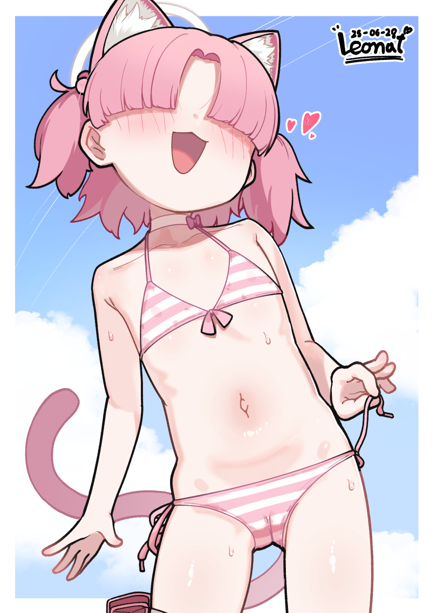 1girl :3 absurdres animal_ears artist_name bikini blue_archive bow bow_choker cameltoe cat_ears cat_girl cat_tail chlorella_observation_club_member_(blue_archive) chlorella_observation_club_member_(swimsuit)_(blue_archive) choker commentary_request cowboy_shot dated extra_ears faceless faceless_female flat_chest hair_over_eyes halterneck highres leonat loli navel open_mouth paid_reward_available pink_bikini pink_bow pink_hair short_hair side-tie_bikini_bottom signature solo striped_bikini striped_clothes swimsuit tail two_side_up white_choker