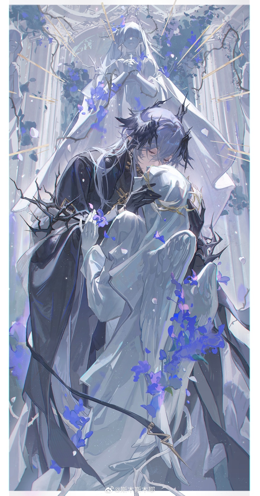 1boy absurdres angel_statue arknights black_cape black_gloves black_wings cape closed_eyes column commentary crown_of_thorns earrings floating_earrings flower gloves grey_hair head_wings highres horns jewelry kiss logos_(arknights) object_kiss pillar plant praying purple_flower smusmuye statue vines watermark weibo_watermark wings