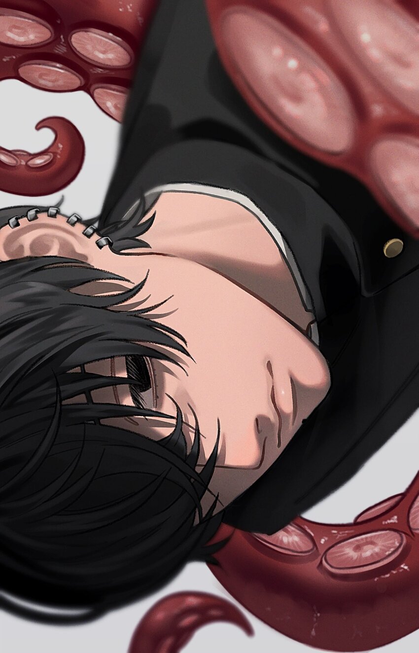 1boy black_eyes black_hair chainsaw_man commentary ear_piercing earrings gakuran hair_over_one_eye highres jewelry llq9ull male_focus piercing portrait school_uniform sideways solo tentacles yoshida_hirofumi