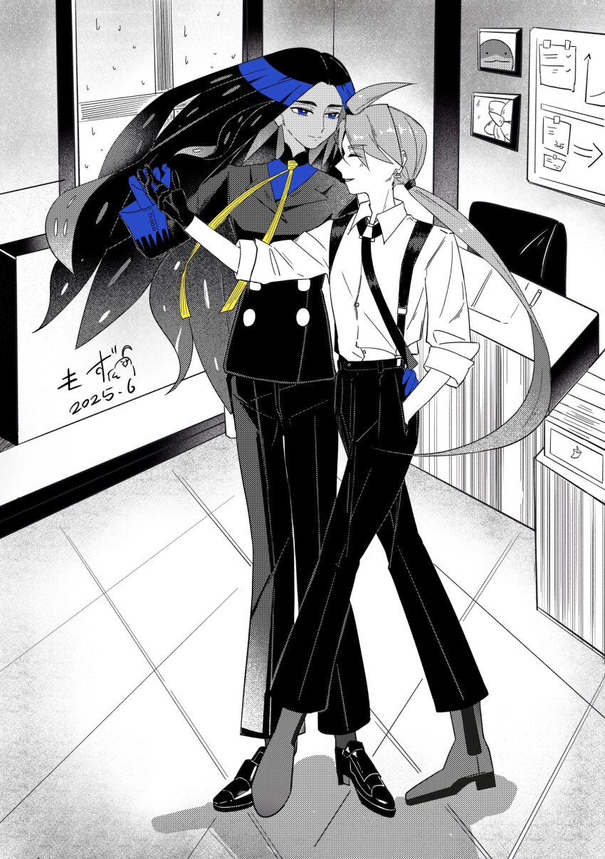 2girls ahoge black_hair blue_eyes chair clodsire closed_eyes dancing dated desk formal_clothes full_body geeta_(pokemon) gloves hand_in_pocket highres holding_hands indoors long_hair looking_at_another monochrome mozu_pkm multiple_girls necktie nintendo office pants pokemon pokemon_sv ponytail rika_(pokemon) shoes smile spot_color suit suspenders very_long_hair yuri