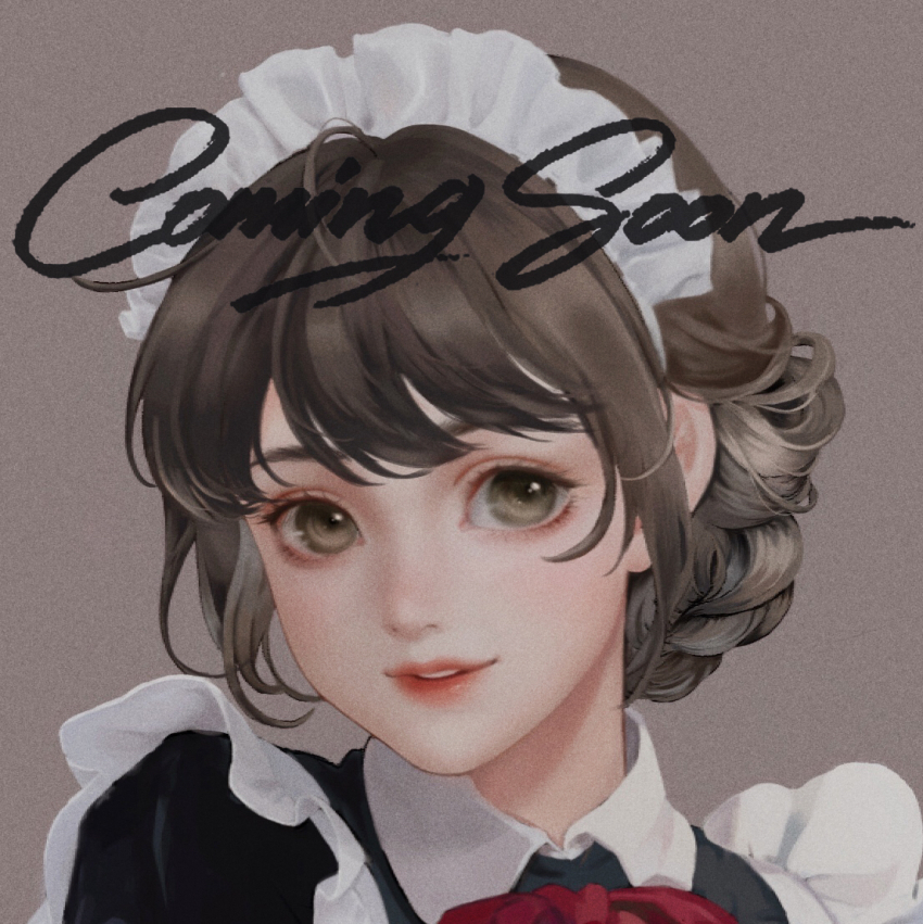 1girl apron black_dress bow bowtie brown_background brown_hair chinese_commentary collared_dress commentary_request contrast_collar dress english_text eyelashes film_grain frilled_apron frills green_eyes happy lips looking_at_viewer maid maid_headdress original parted_lips pink_lips red_bow red_bowtie short_hair simple_background smile solo teeth thick_eyebrows upper_body upper_teeth_only white_apron youlizi-yuri