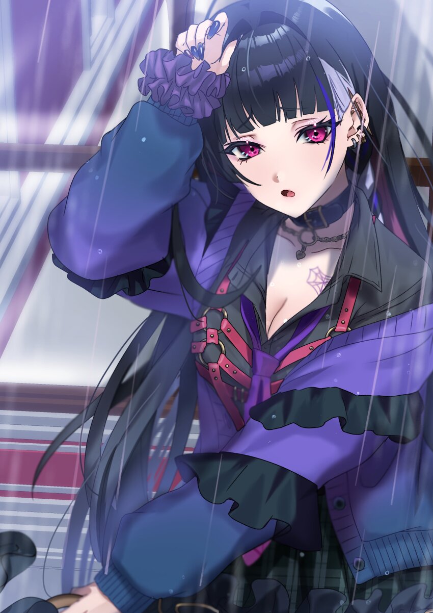 1girl absurdres belt belt_collar black_belt black_hair black_nails black_shirt black_skirt breasts buttons cardigan chest_harness chest_tattoo cleavage collar collarbone collared_shirt ear_piercing earrings grey_hair hair_intakes harness highres jewelry long_hair long_sleeves meloco_kyoran meloco_kyoran_(1st_costume) necktie nekomichi_fuu nijisanji nijisanji_en o-ring open_mouth piercing pink_eyes plaid_clothes plaid_skirt purple_cardigan purple_hair purple_necktie second-party_source shirt skirt solo tattoo virtual_youtuber wet wet_clothes wet_hair