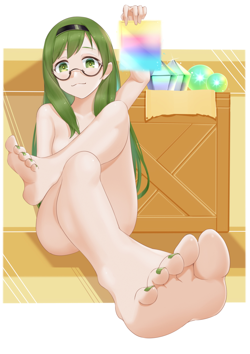 1girl absurdres barefoot feet glasses green_eyes green_hair hairband highres holding karin_(princess_connect!) crossed_legs long_hair looking_at_viewer nude princess_connect! princess_connect! smile soles toes