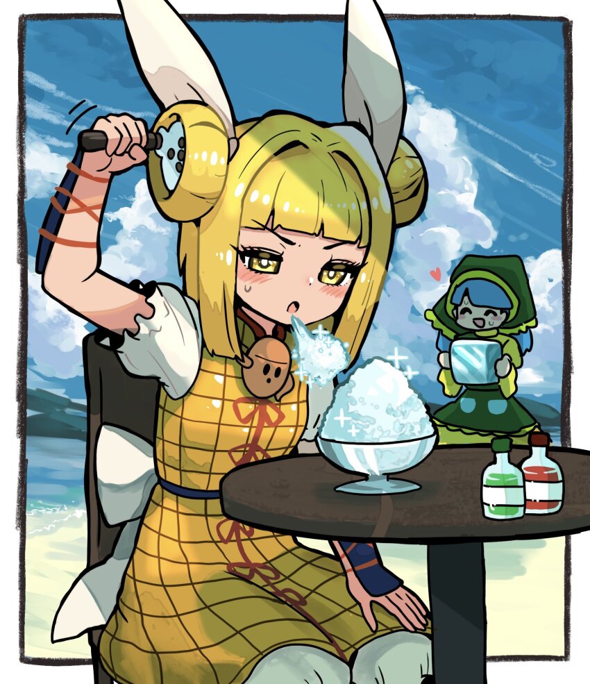 2girls apron armor beach blonde_hair blue_hair chair double_bun dress food glass_bottle green_apron green_headscarf hair_bun hair_ribbon haniwa_(statue) haniyasushin_keiki headscarf heart highres howhow_notei ice_block ice_shaver joutouguu_mayumi long_hair multiple_girls outdoors puffy_sleeves ribbon shaved_ice short_sleeves sitting sweat sweatdrop table touhou white_ribbon yellow_dress yellow_eyes