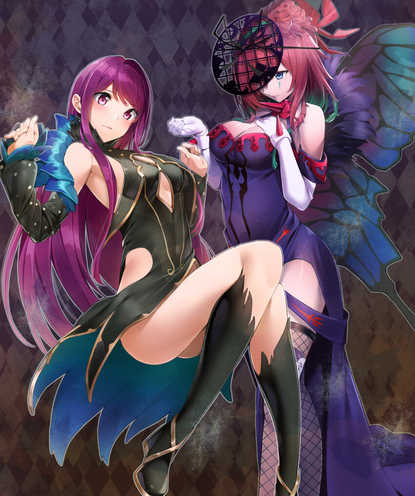 2girls absurdres bare_shoulders black_dress black_footwear blue_eyes boots breasts butterfly_wings cleavage commentary_request cosplay costume_switch detached_sleeves dress elbow_gloves facial_mark feet_out_of_frame fire_emblem fire_emblem_engage fire_emblem_heroes fishnet_thighhighs fishnets gloves hands_up head_tilt highres insect_wings ivy_(fire_emblem) ivy_(fire_emblem)_(cosplay) large_breasts long_hair long_sleeves looking_at_viewer multiple_girls nakano_maru nintendo off-shoulder_dress off_shoulder purple_dress purple_eyes purple_hair sleeveless sleeveless_dress standing thighhighs triandra_(fire_emblem) triandra_(fire_emblem)_(cosplay) very_long_hair white_gloves wings