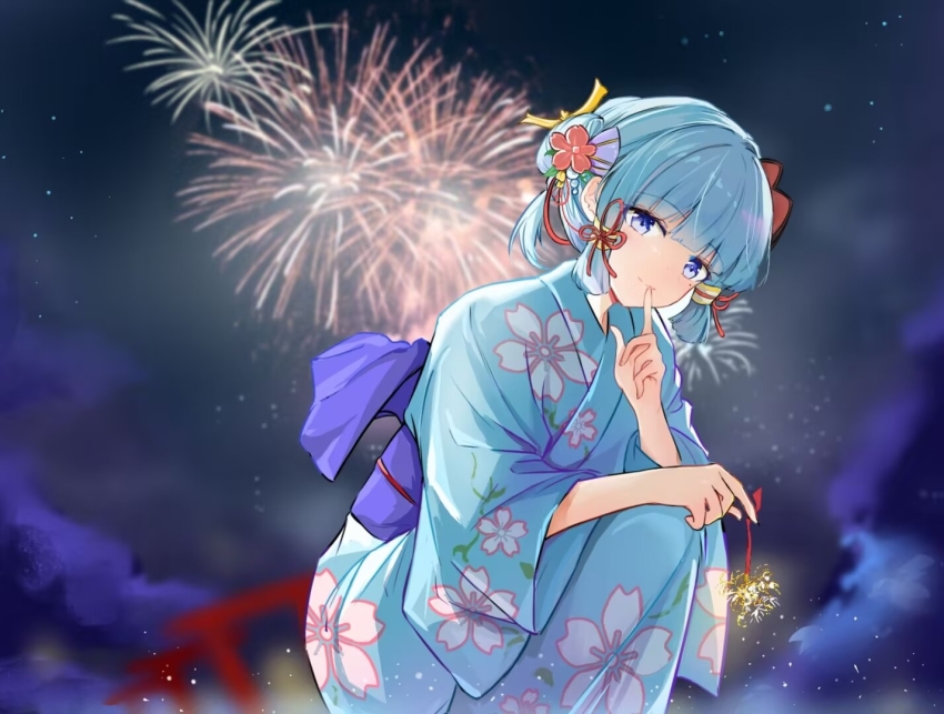 1girl aerial_fireworks alternate_costume alternate_hairstyle ayaka_(genshin_impact) blue_eyes blue_kimono blunt_bangs blurry blurry_background cherry_blossom_print fireworks floral_print genshin_impact hair_ornament hakugyokurou_no_oojou-sama holding holding_fireworks index_finger_raised japanese_clothes kimono long_sleeves looking_at_viewer mole mole_under_eye night night_sky outdoors sidelocks sky solo