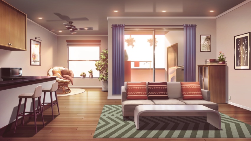 balcony ball_chair bar_chair book book_stack cabinet carpet ceiling_fan ceiling_light clothes_hanger clothesline couch drawer glowing hanging_plant highres indoors living_room microwave no_humans non-web_source official_art orange_light our_life our_life:_beginnings_and_always photo_(object) pillow plant potted_plant rug scenery sunset table variant_set washing_machine window_light wooden_floor