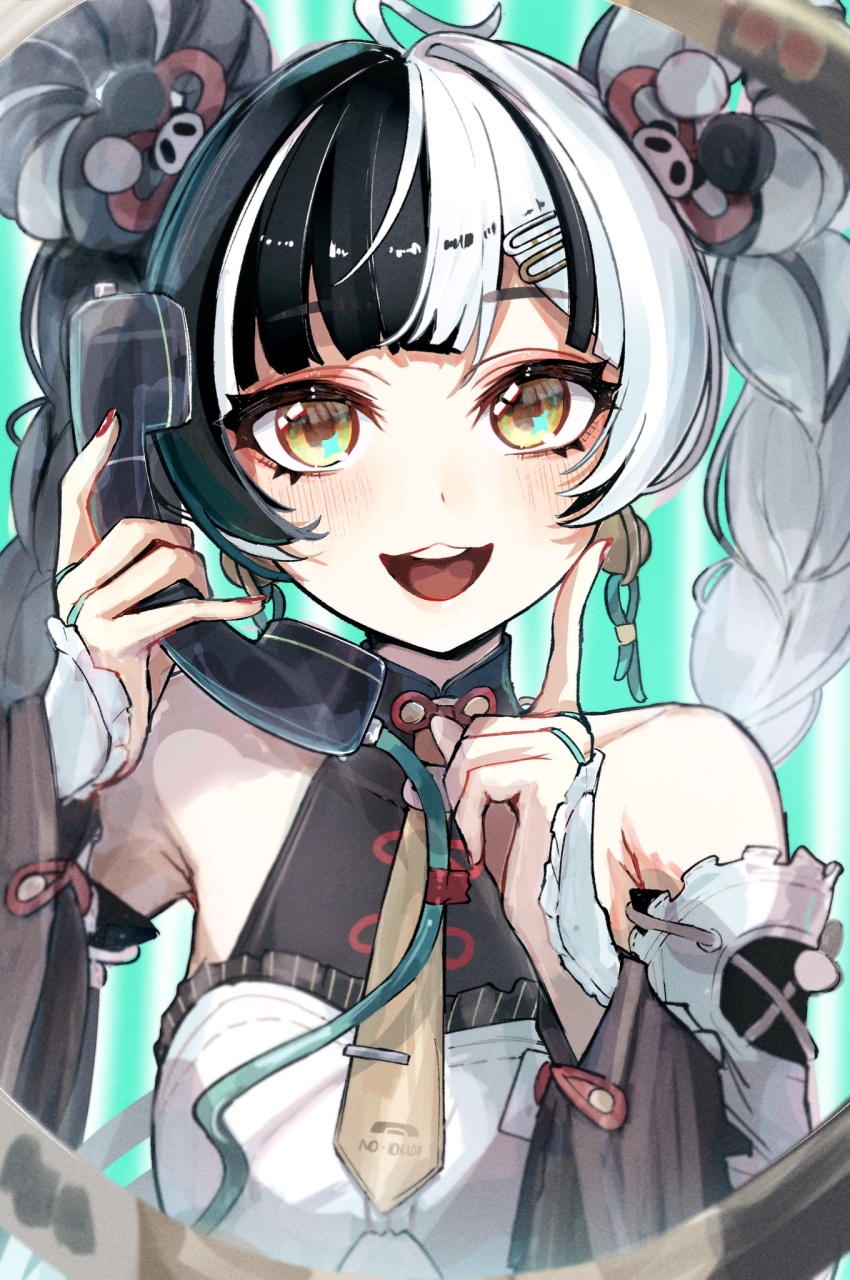 1girl ahoge arm_up armpits bare_shoulders black_hair blurry blurry_background blurry_foreground blush braid braided_twintails chakram china_dress chinese_clothes commentary_request corded_phone dialyn_(zenless_zone_zero) dress finger_to_cheek green_background hair_ornament hairclip highres holding holding_phone long_hair looking_at_viewer multicolored_hair necktie open_mouth panda_hair_ornament phone red_nails sanshoku_dango_(shukosuko) solo sparkling_eyes split-color_hair teeth twintails upper_body upper_teeth_only weapon white_hair wire yellow_eyes yellow_necktie zenless_zone_zero