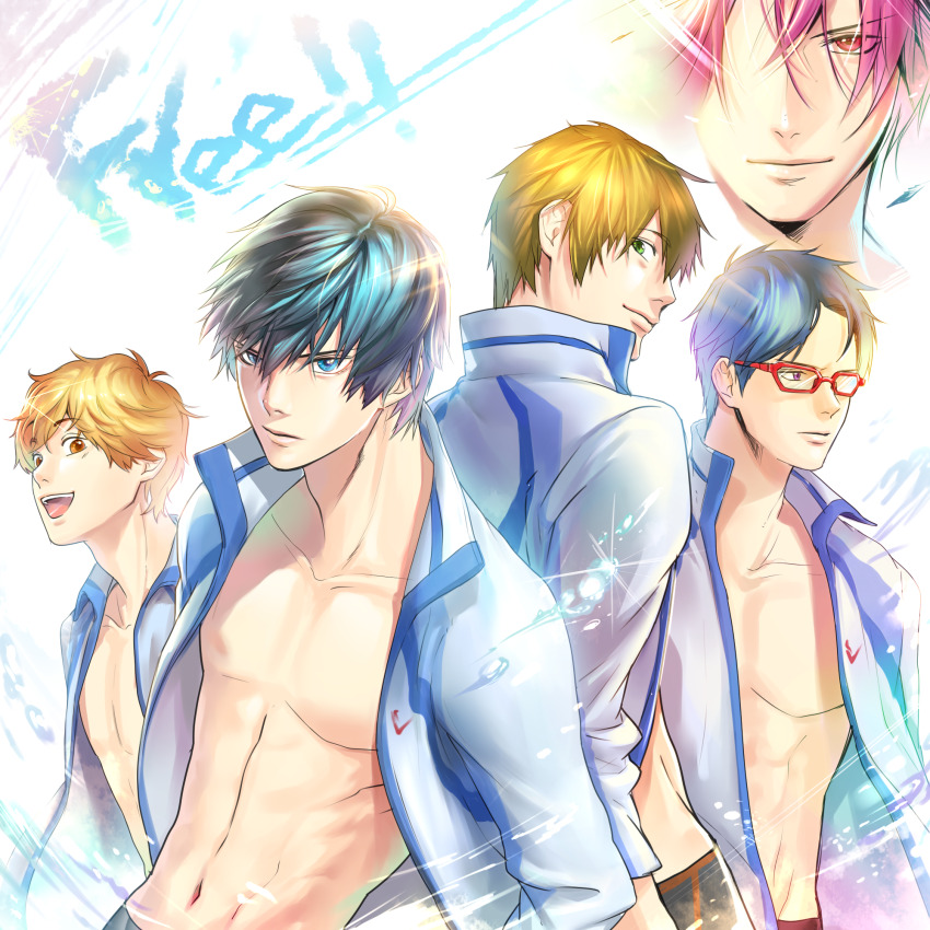 5boys adam&#039;s_apple an_kyoung bare_pectorals bishounen blue_eyes blue_hair brown_eyes brown_hair commentary copyright_name english_commentary free! hair_over_one_eye hazuki_nagisa highres jacket looking_ahead looking_back male_focus matsuoka_rin multiple_boys nanase_haruka_(free!) navel open_clothes open_jacket open_mouth pectorals pink_hair red-framed_eyewear ryuugazaki_rei short_hair sparkle tachibana_makoto white_background white_jacket
